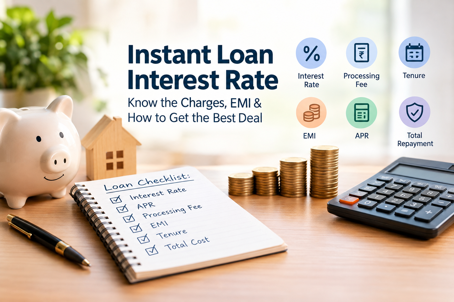 Instant loan interest rate guide showing interest rate, APR, EMI, processing fees, loan tenure, and total repayment costs